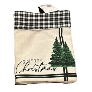 Merry Pine Tree Christmas Tree Skirt Black and White Canvas Storage Display